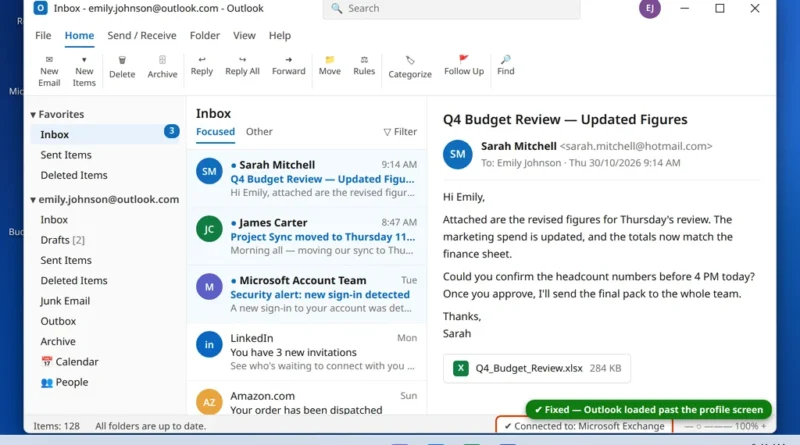 Outlook opened normally past the Loading Profile screen showing the inbox