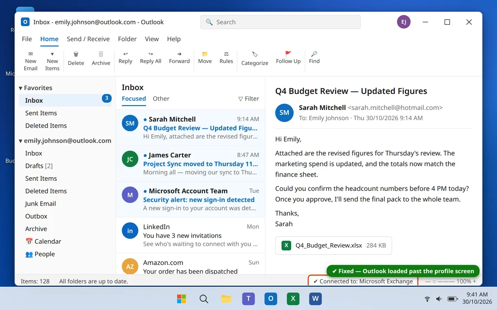Outlook opened normally past the Loading Profile screen showing the inbox