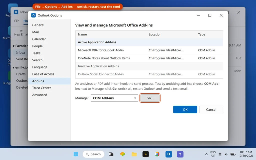 Outlook Options Add-ins page with COM Add-ins selected and the Go button highlighted