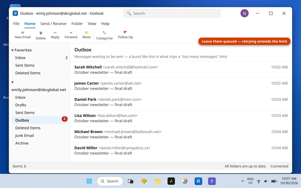 Outlook Outbox holding a batch of messages waiting while a 421 too many messages sending limit resets
