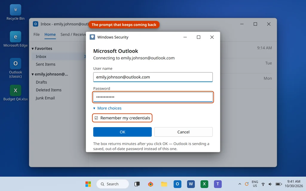 Outlook Windows Security password prompt asking to enter credentials for the email account again