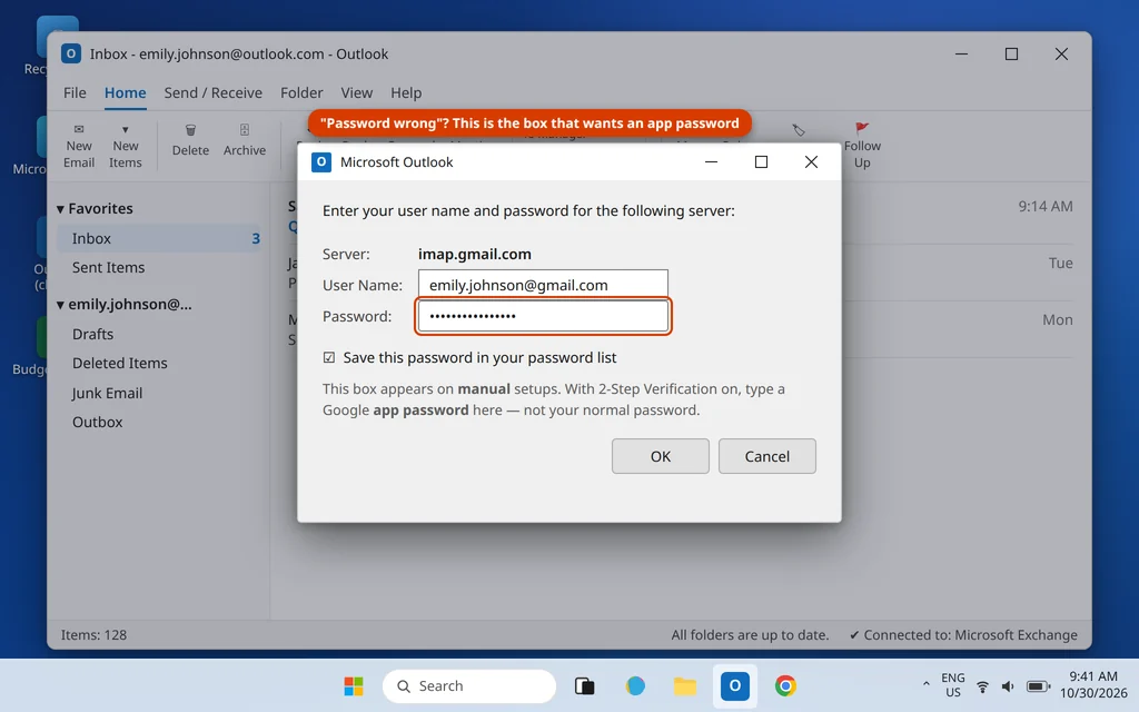 Outlook password prompt for a Gmail account asking to enter the password for imap.gmail.com