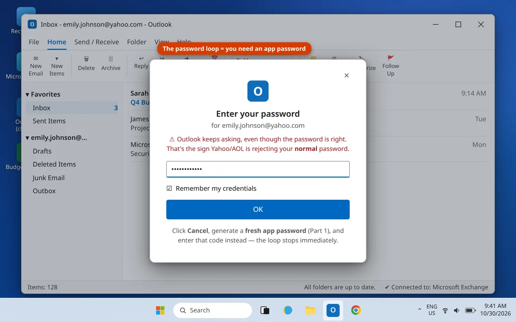 Outlook Enter your password prompt repeating for a Yahoo account, which means an app password is needed