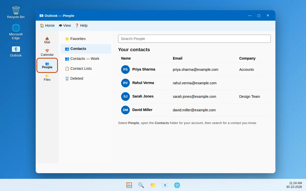 Outlook People contacts view showing a list of contacts in Outlook
