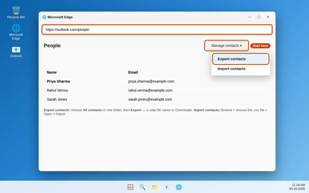 Manage contacts menu in People with Export contacts and Import contacts options