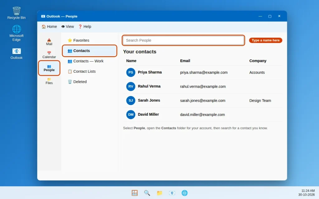 Search People box in Outlook used to find a contact in the Contacts folder