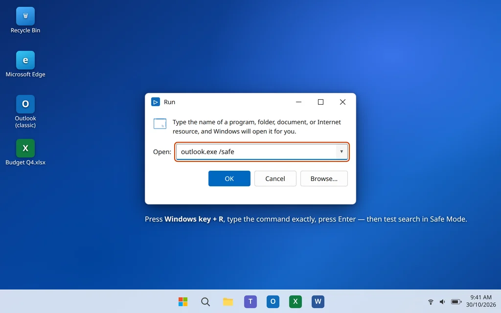 Run dialog with outlook.exe /safe command to test Outlook search without add-ins