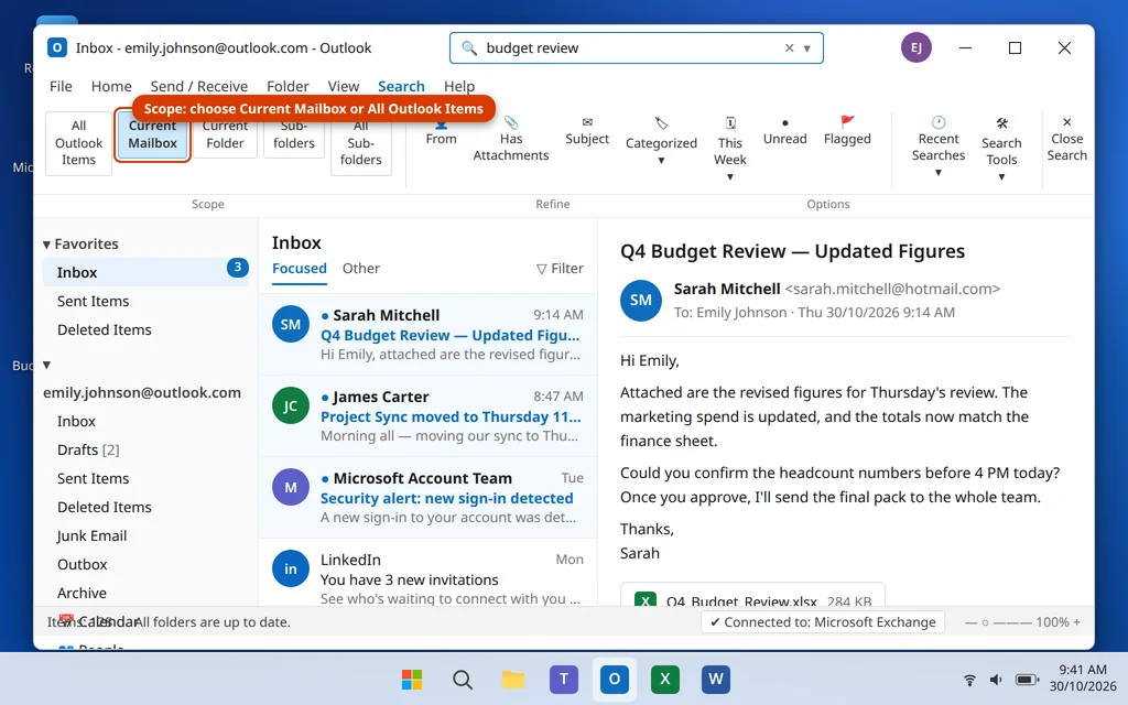 Search scope set to Current Mailbox on the Search tab in Classic Outlook