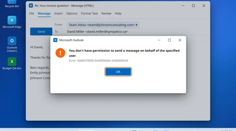 Outlook dialog you don't have permission to send a message on behalf of the specified user error 0x80070005-0x000004dc-0x00000524