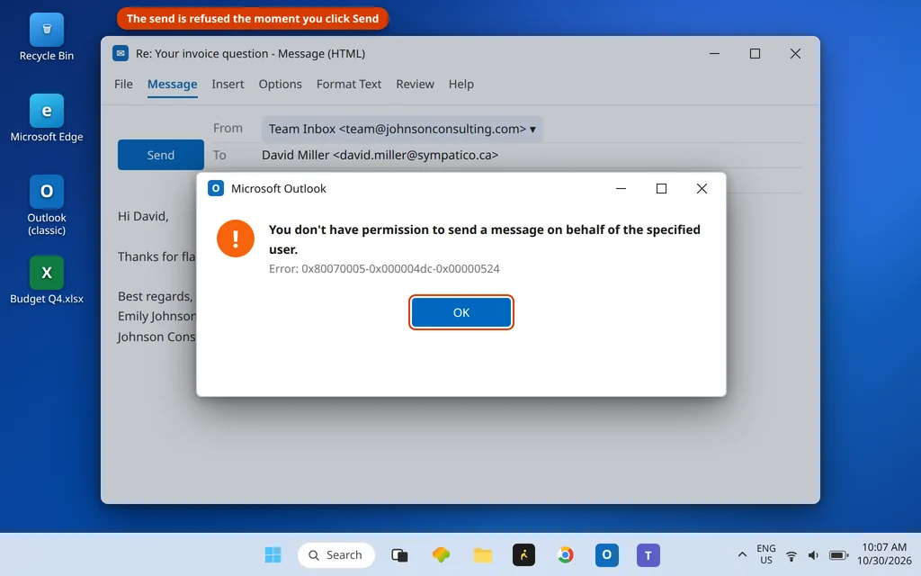 Outlook dialog you don't have permission to send a message on behalf of the specified user error 0x80070005-0x000004dc-0x00000524