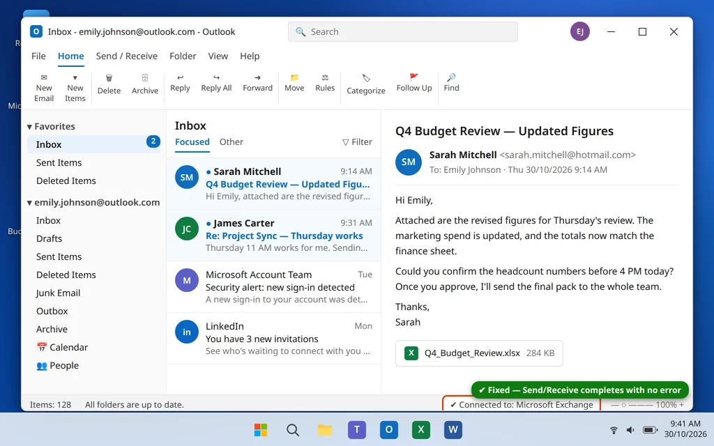 Outlook inbox after the fix with Send/Receive complete and all folders up to date