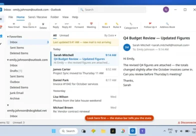 Outlook status bar showing Disconnected while the internet works in other apps