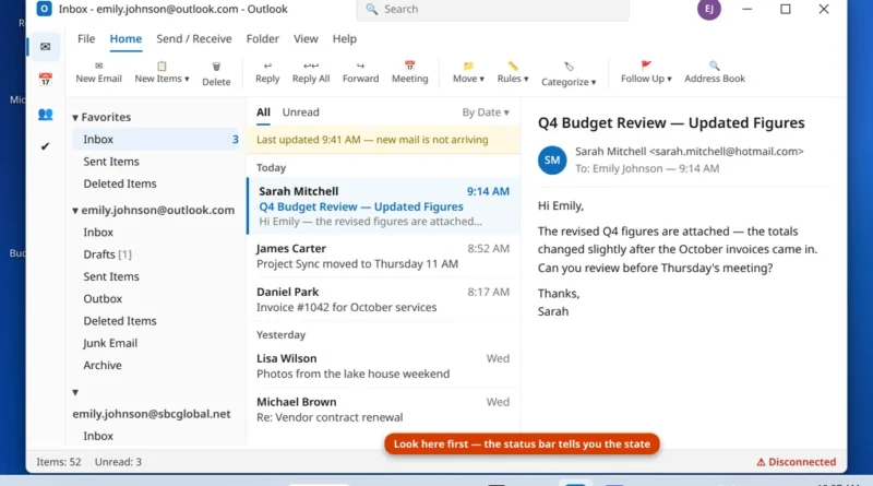 Outlook status bar showing Disconnected while the internet works in other apps