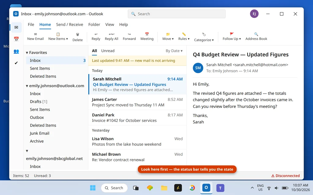 Outlook status bar showing Disconnected while the internet works in other apps