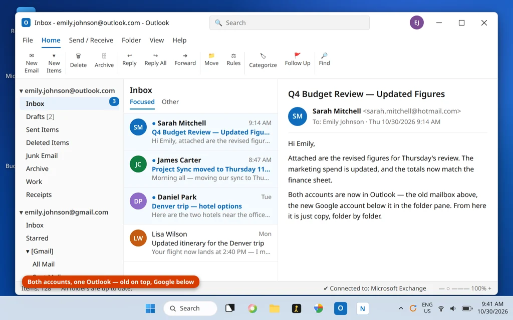 Classic Outlook folder pane showing the old Outlook account and the new Gmail account side by side