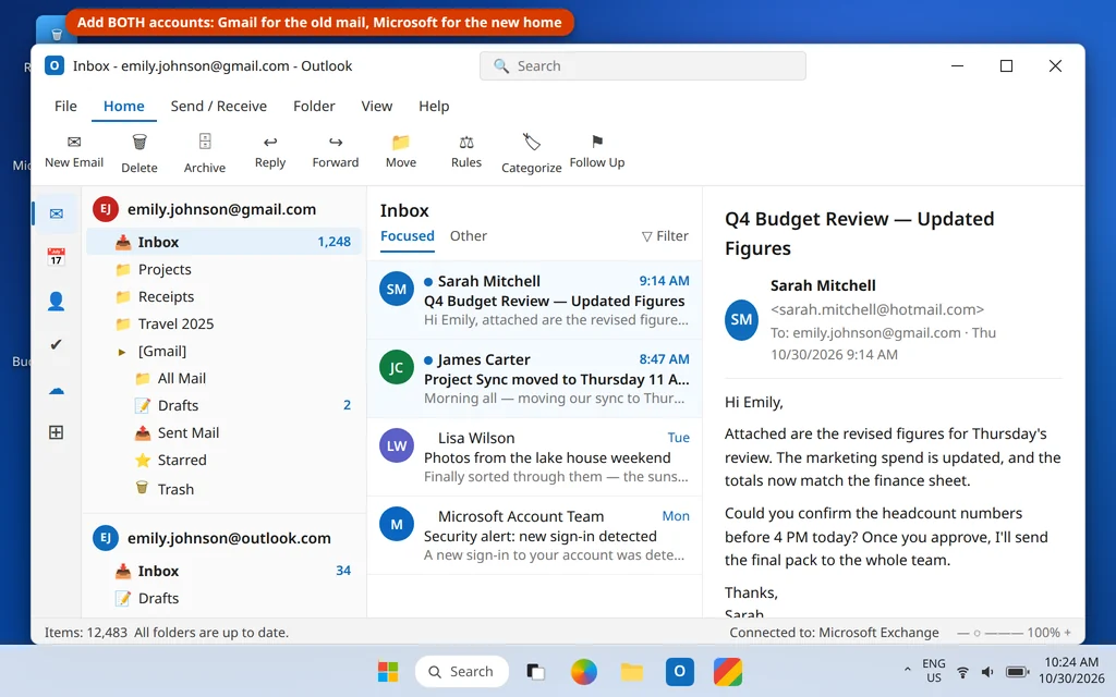Classic Outlook folder pane showing a Gmail account and a Microsoft Outlook.com account side by side