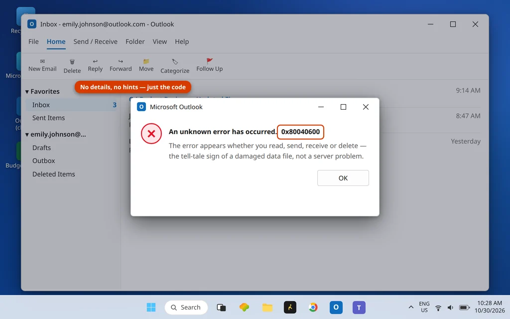 Outlook error dialog reading An unknown error has occurred 0x80040600 when deleting an email