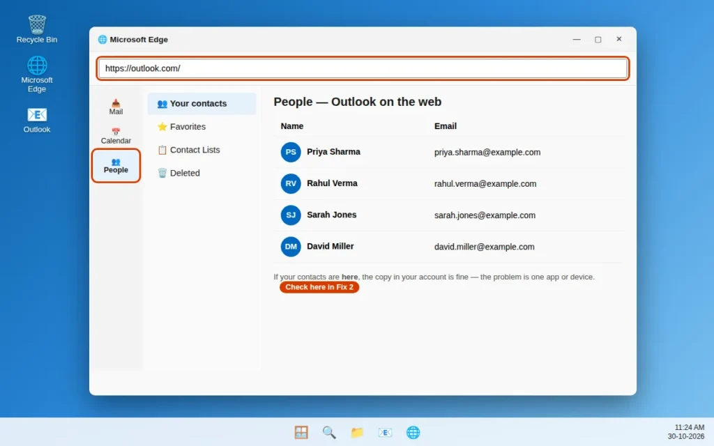 People page in Outlook on the web showing contacts saved in the account