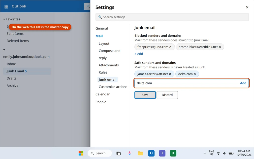 Outlook on the web Settings page for Junk email showing Blocked senders and domains and Safe senders and domains sections