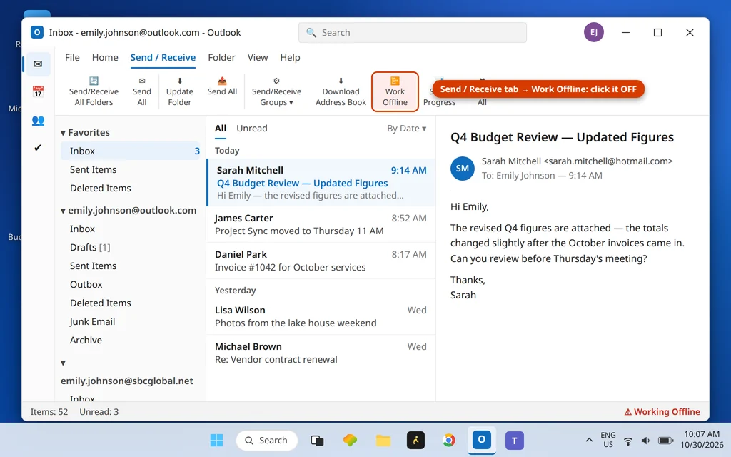 Send Receive tab in Outlook with the Work Offline button highlighted and turned on