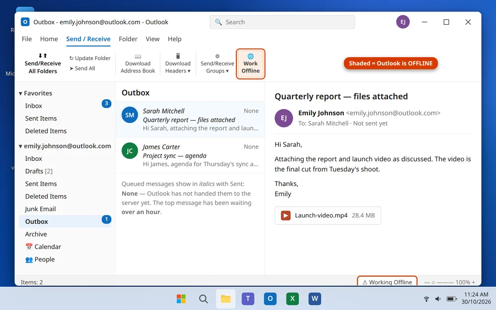 Work Offline button in the Send Receive tab of Outlook highlighted