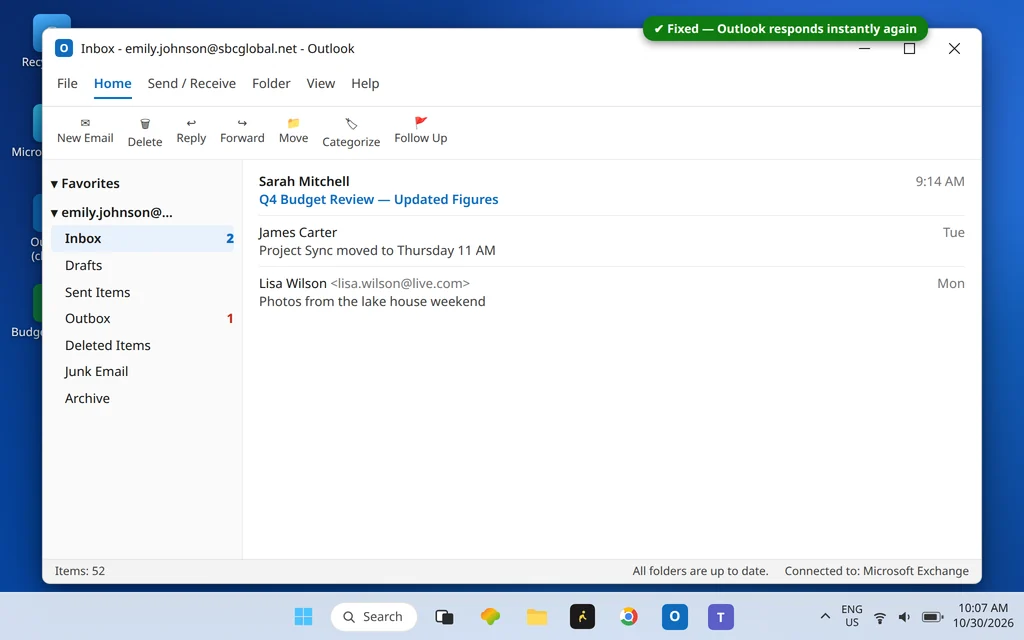 Classic Outlook working normally and responding after the freeze fix