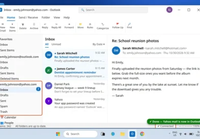 Outlook showing the Yahoo account added in the folder pane with its inbox open and connected