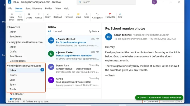 Outlook showing the Yahoo account added in the folder pane with its inbox open and connected