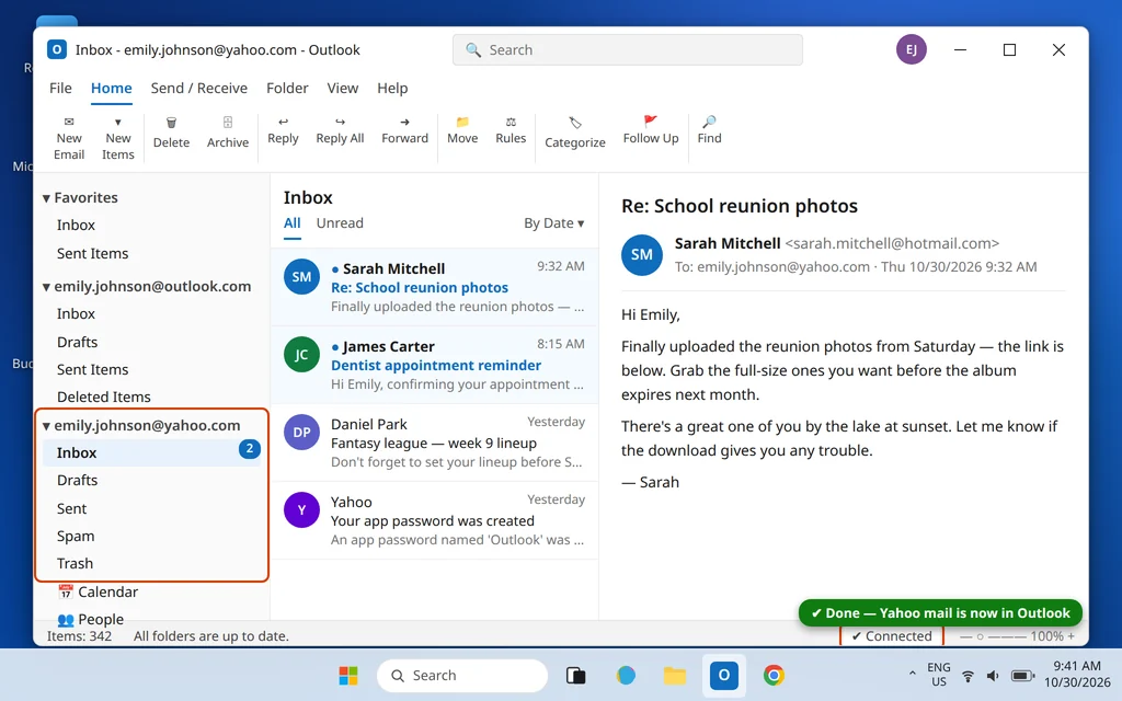 Outlook showing the Yahoo account added in the folder pane with its inbox open and connected