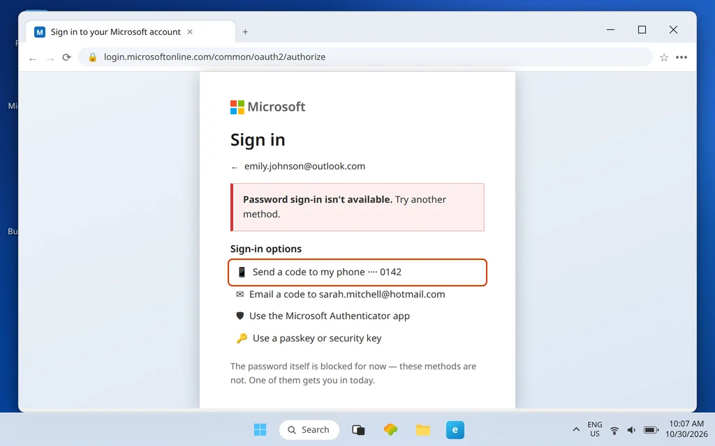 Microsoft sign-in page showing Password sign-in isn't available with Sign-in options — a code to phone or email, Microsoft Authenticator, and a passkey