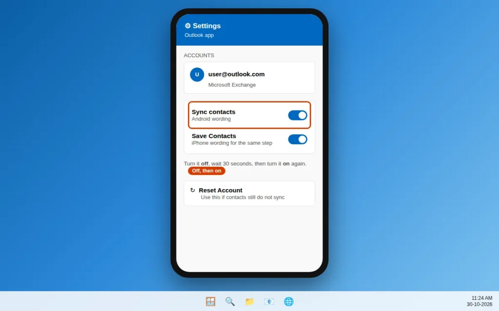 Outlook app on a phone showing the Sync contacts and Save Contacts setting for an account