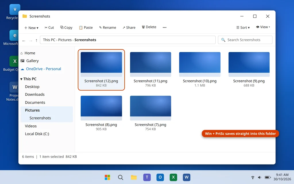 Screenshots saved by Windows key plus Print Screen in the Pictures Screenshots folder