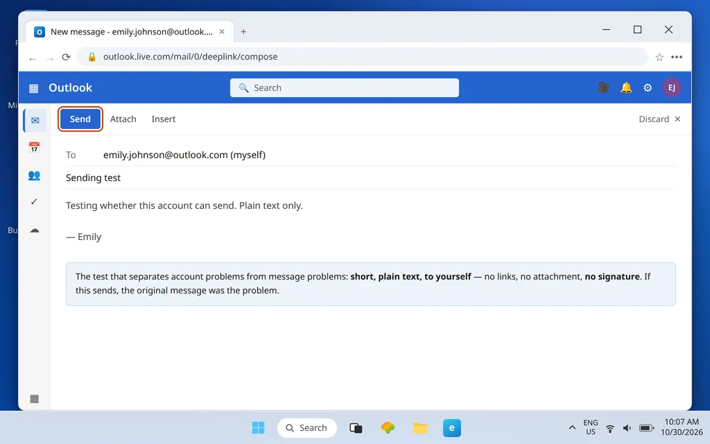 Outlook.com compose window with a short plain-text test email to yourself with no links, attachment or signature