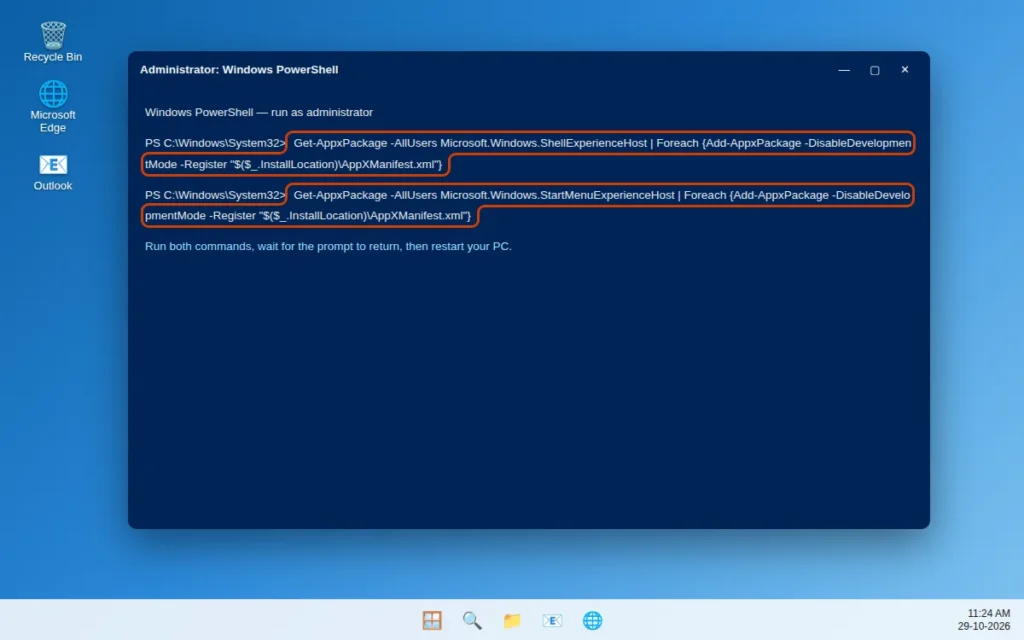 Re-register StartMenuExperienceHost package in administrator PowerShell on Windows 11
