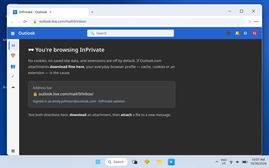 Edge InPrivate window opened to Outlook.com to test whether attachment downloads work without cookies or extensions