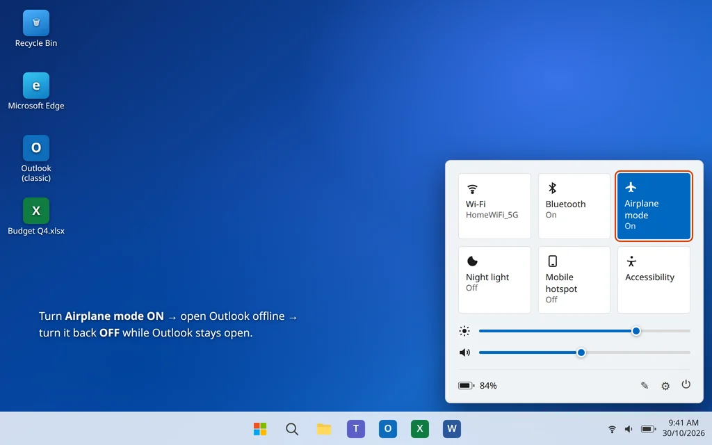 Turn on Airplane mode in Windows 11 Quick Settings to open Outlook offline