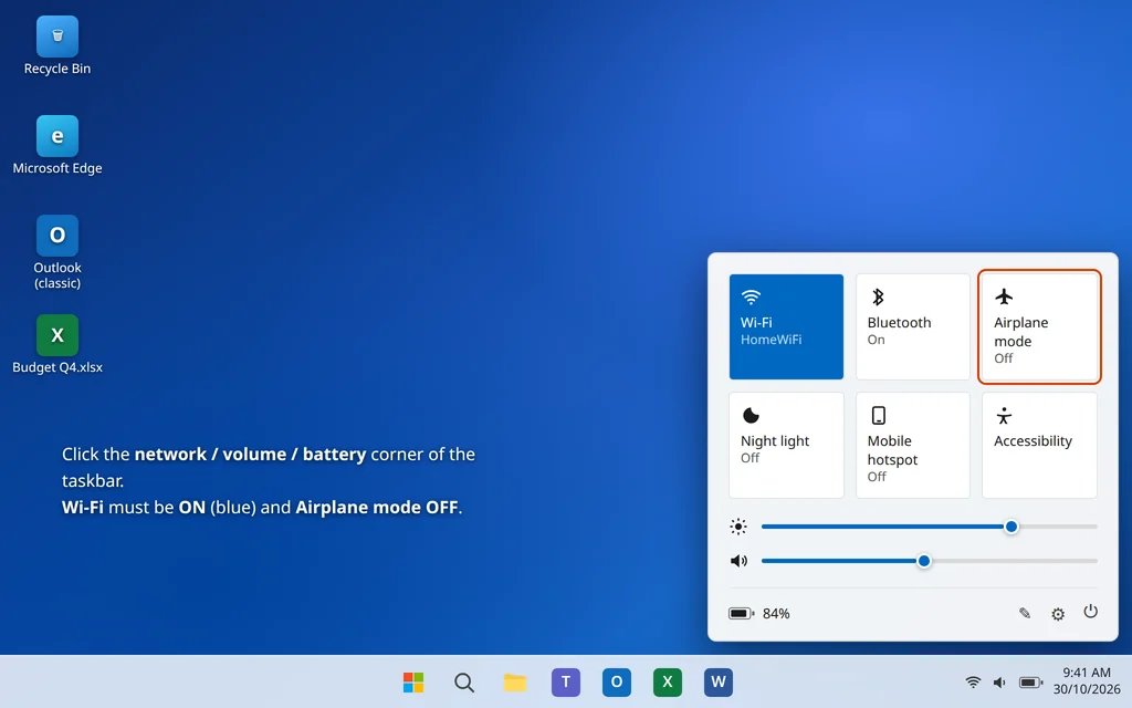 Windows 11 Quick Settings with Wi-Fi on and Airplane mode off