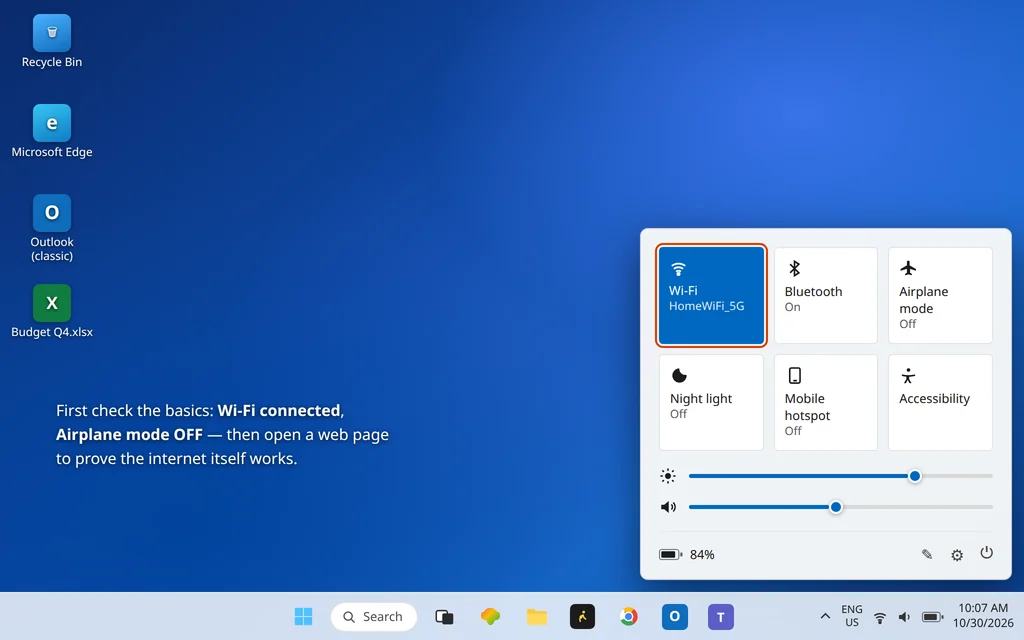Windows 11 Quick Settings showing Wi-Fi connected and Airplane mode off