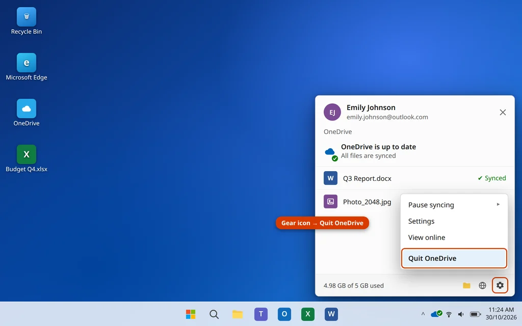 Quit OneDrive from the cloud icon settings menu to restart OneDrive in Windows 11
