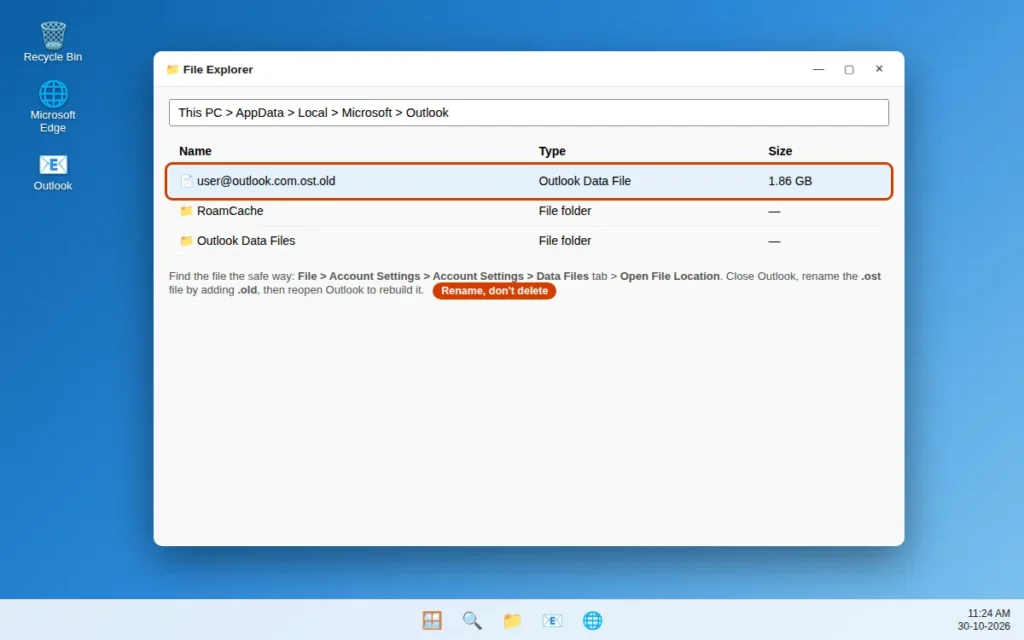 File Explorer showing an Outlook OST data file renamed so Outlook rebuilds the local copy