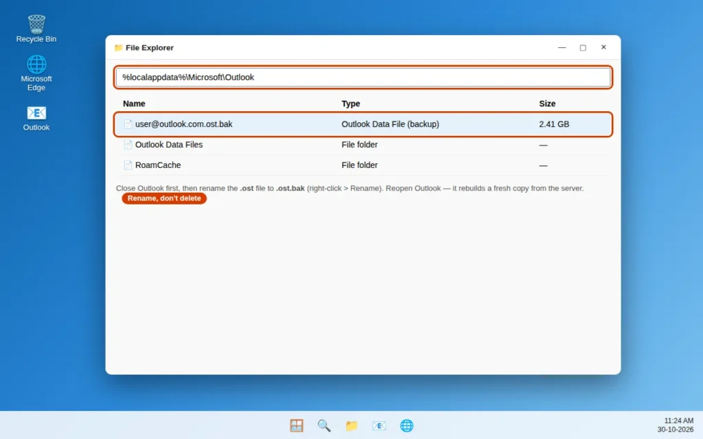 Outlook data file folder in File Explorer with the OST file renamed to rebuild the Outlook cache