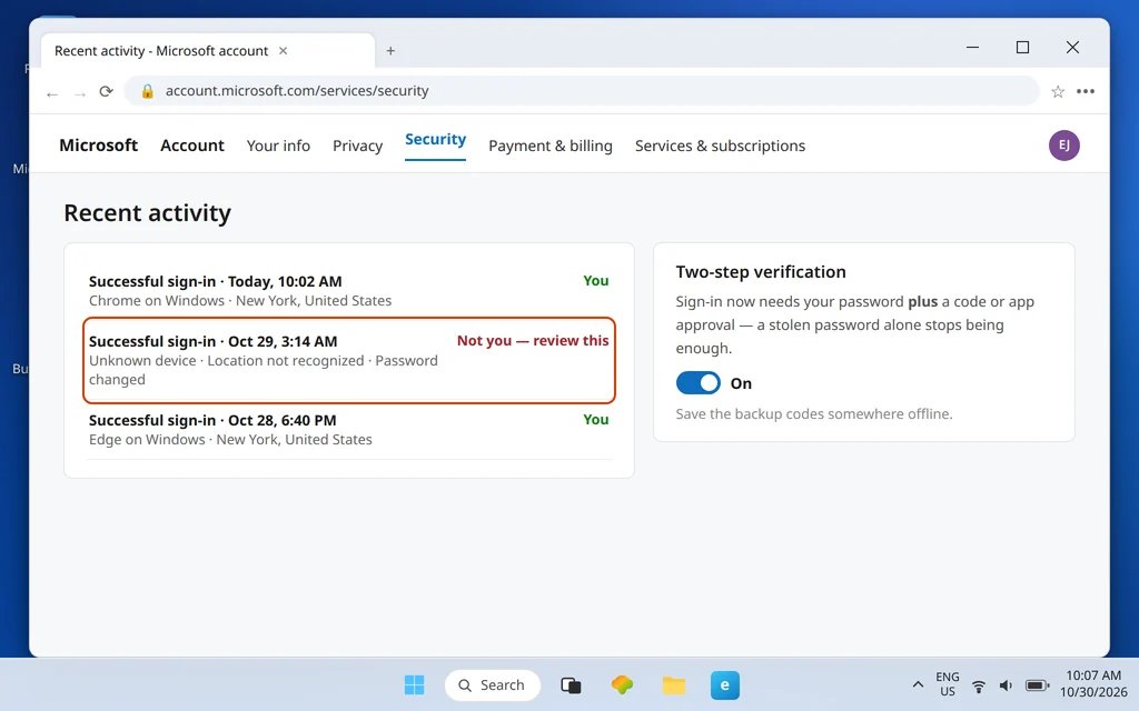 Microsoft account recent activity list showing an unrecognized sign-in, with two-step verification switched on