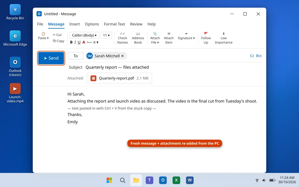 New Outlook email with the copied message content ready to send