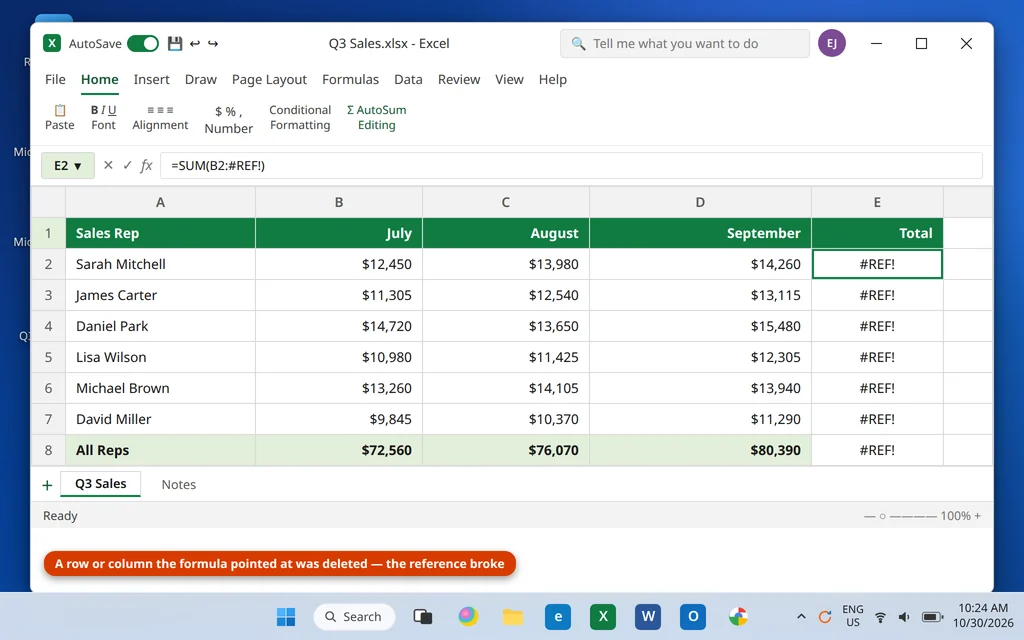 Excel formula showing a #REF! error after a referenced column was deleted