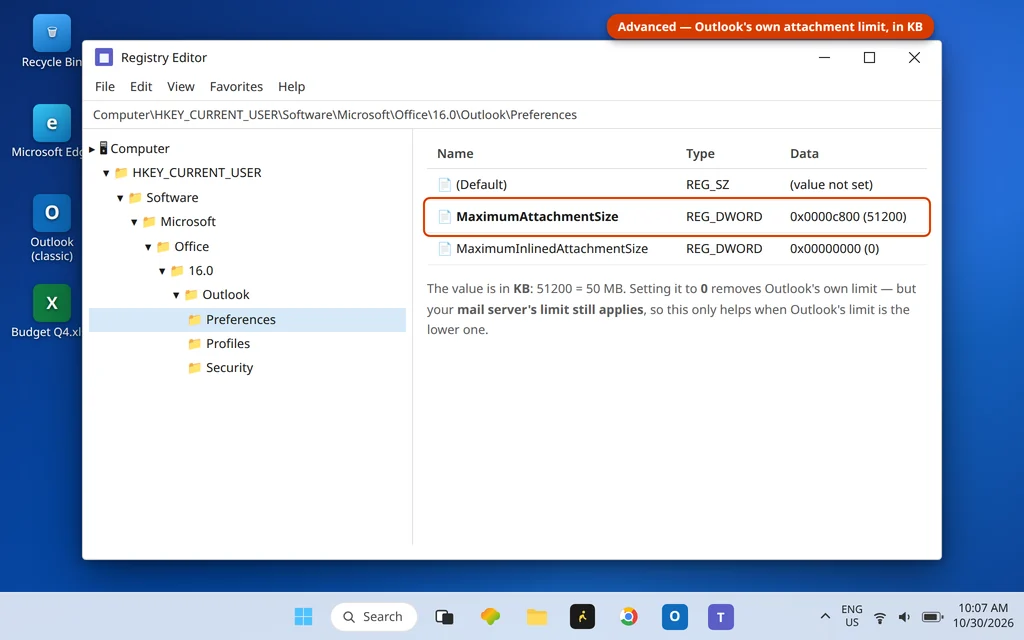 Registry Editor MaximumAttachmentSize value in Outlook Preferences set to 51200 KB