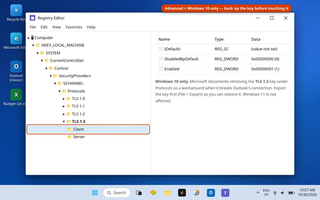 Registry Editor showing the TLS 1.3 Client key under SCHANNEL Protocols on Windows 10