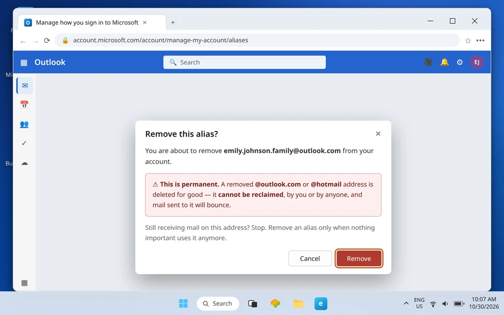 Remove alias confirmation dialog warning that a removed outlook.com address is deleted permanently and cannot be reclaimed