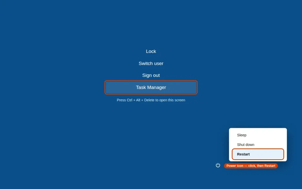 Restart Windows 11 from the Ctrl Alt Delete screen when the Start menu is not working