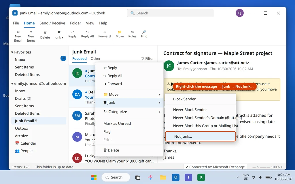 Right-click menu on a message in the Junk Email folder with Junk submenu open and Not Junk highlighted