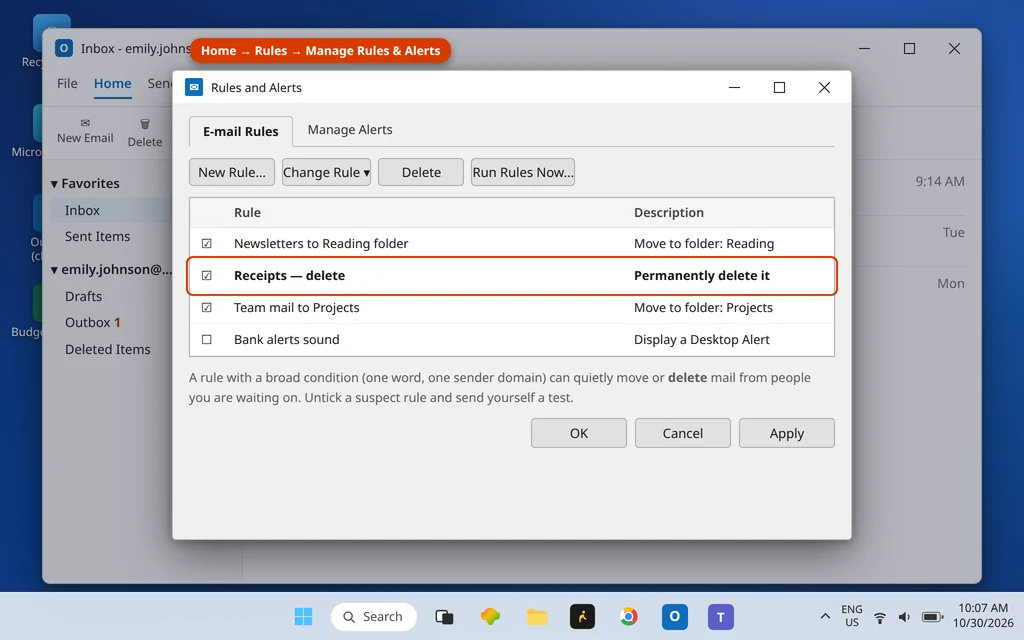Outlook Rules and Alerts dialog showing a rule that moves incoming mail to the Archive folder